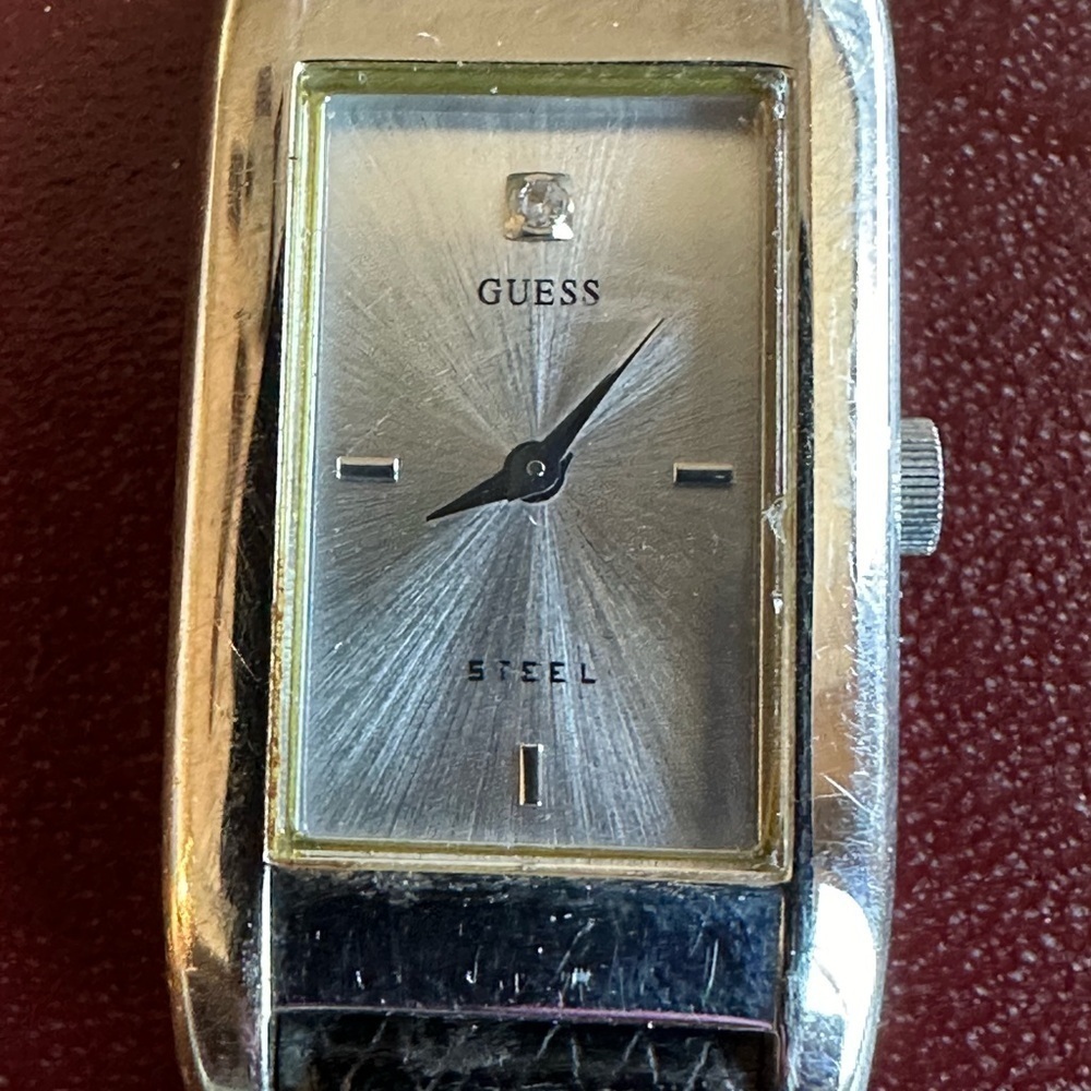 Guess rectangular tank watch Black lizard embossed strap with silver dial